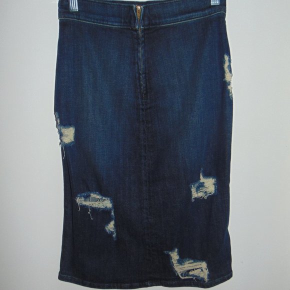 Cheyann Benedict Dark Wash Blue Denim Jean Straight Pencil Skirt Distressed 26"W - Picture 3 of 7